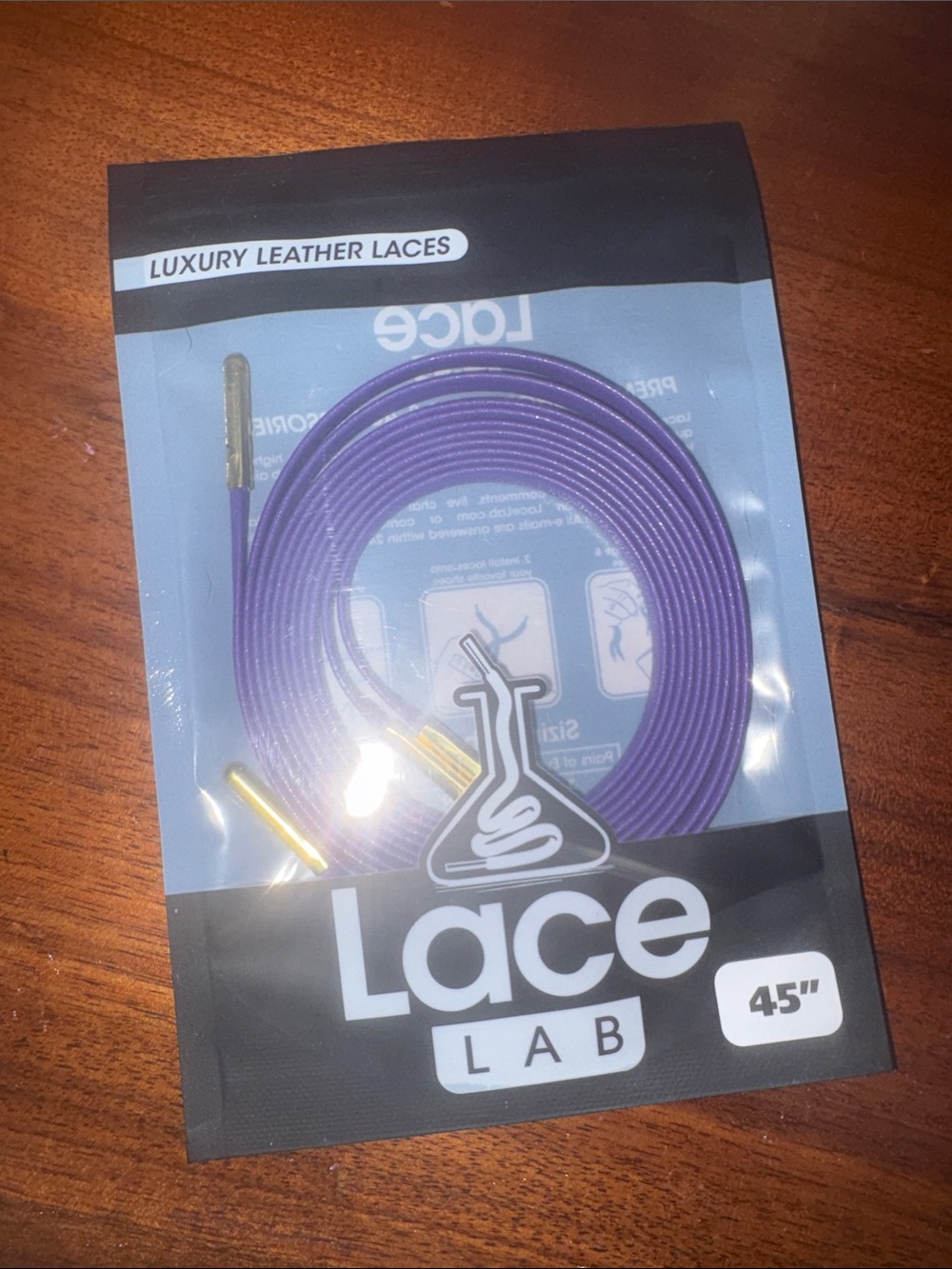 “Lace Lab” Luxury Leather Laces — Flat Purple Laces w/Gold Aglets, 45”(x2) NEW!